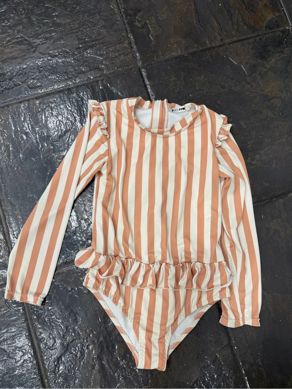HOMILLE Peach Cream Stripe Ruffle Long Sleeve One Piece Swimsuit